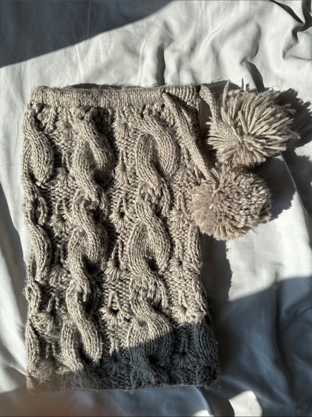 American Eagle Tan Knitted Scarf with Pom Pom